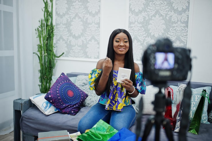 cute african american woman making video her blog using tripod mounted digital camera young female blogger vlogger camera 627829 5032